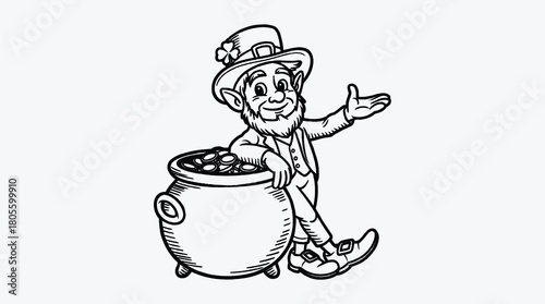 Leprechaun leaning on pot of gold monochrome cartoon illustration