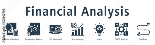 Financial analysis web banner icon vector illustration concept with icon of financial analysis, performance review, KPI dashboard, benchmarking, insight, SWOT analysis, and roadmap.