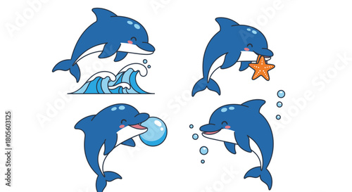Four cartoon dolphins in different poses: jumping over waves, holding a starfish, blowing a bubble, and with bubbles.