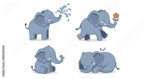 Four cartoon elephants in different poses: spraying water, holding a flower, sitting with a butterfly, and sleeping.
