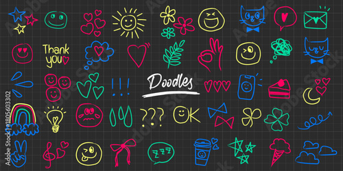 Neon Hand Drawn Doodle Icons Set Vector with Abstract Chalkboard Style Hearts, Smiles, Star and Rainbow