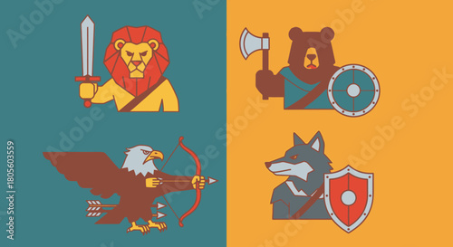 Four heraldic animal figures: a lion with sword, a bear with axe, an eagle with bow, and a wolf with shield.