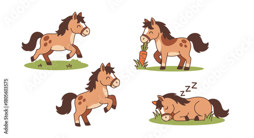Playful cartoon horses in various poses, enjoying activities and resting.
