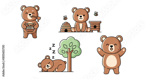 Adorable cartoon bears engaged in various activities, including eating, interacting, and resting.