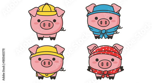 Four cartoon pigs, each wearing a different hat and scarf, posing for the viewer.
