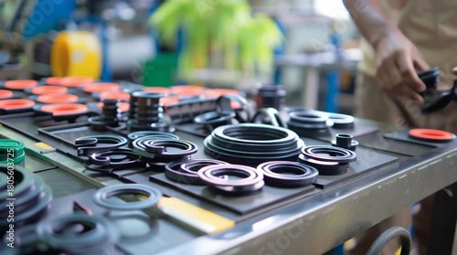 Futuristic geometric minimalism - Industrial Rubber Components on Manufacturing Table - High-Quality Video Footage - abstract composition