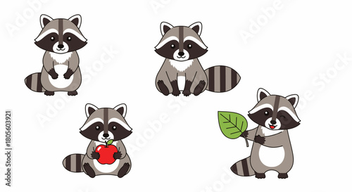 Four cartoon raccoons in different poses, holding an apple and a leaf.