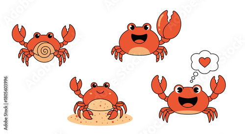 Four cartoon crabs with varied expressions and poses, on a white background.
