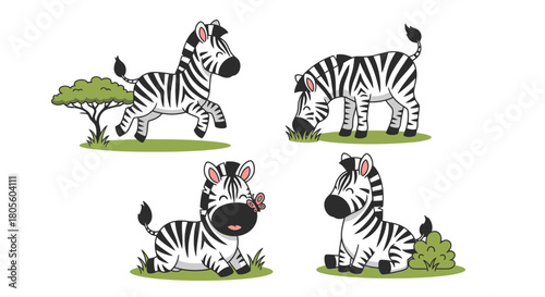 Four cartoon zebras depicted in different poses: jumping, grazing, lying down with a flower, and sitting.