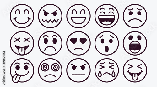 Various simple outline emoticon expressions depicting different emotional states of mind