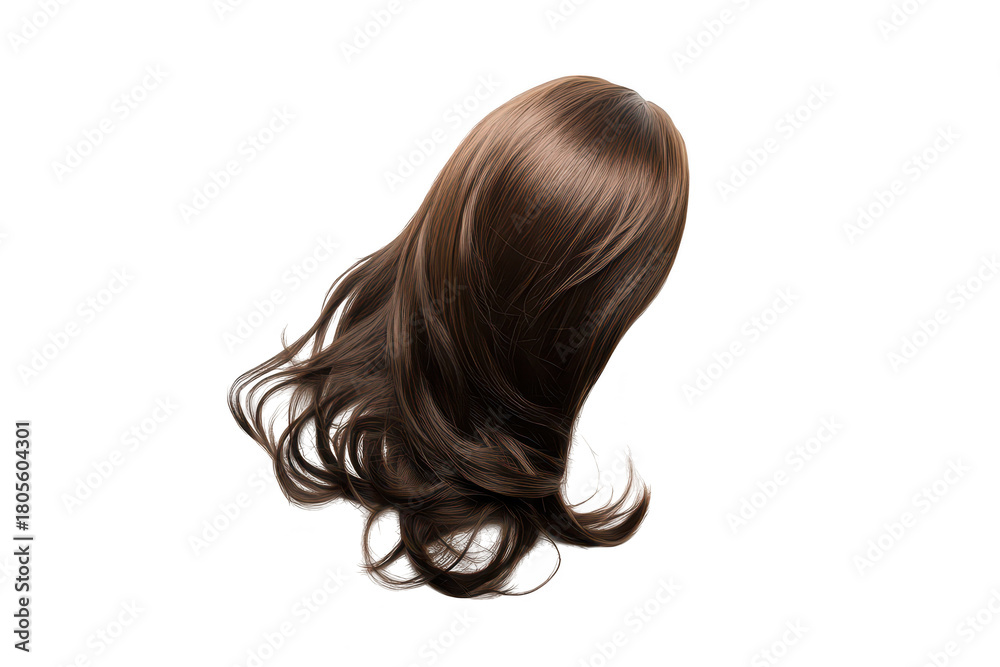Naklejka premium A realistic brown wig with long. flowing hair displayed on a clean white background. its natural texture and style. ideal for fashion. beauty. or costume purposes