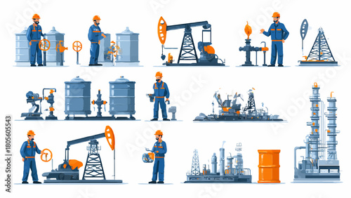 Illustration depicting various stages and equipment involved in oil extraction and processing, including workers, pumps, tanks, and refineries.