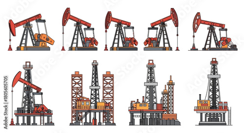 Illustration showing a collection of oil derricks and offshore drilling platforms, depicting oil extraction and industrial infrastructure.