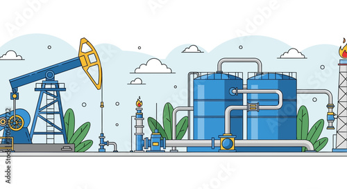 Cartoon illustration of an oil drilling rig and storage tanks connected by pipes, with flames atop a tower, set against a light blue sky with stylized clouds.