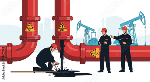 Illustration of three workers inspecting a leaking oil pipeline near oil derricks, with warning signs displayed.