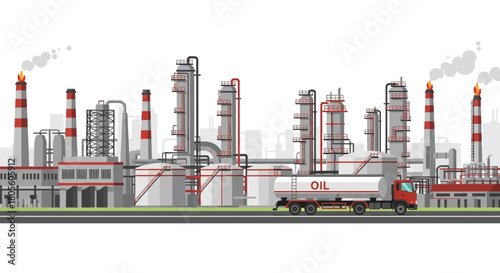 An industrial oil refinery with tall chimneys, pipelines, and storage tanks, with a tanker truck in the foreground, against a white background.