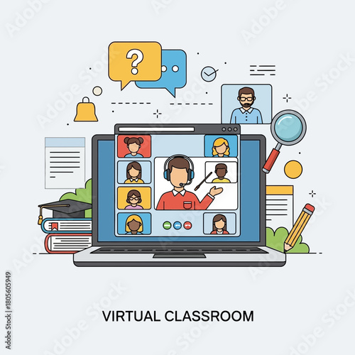Laptop displaying a virtual classroom with multiple participants and questions.