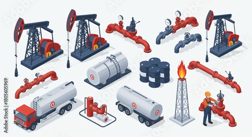 Isometric illustration showing oil industry elements: pump jacks, pipelines, tanks, barrels, tanker trucks, gas flare, and a worker in an orange uniform.