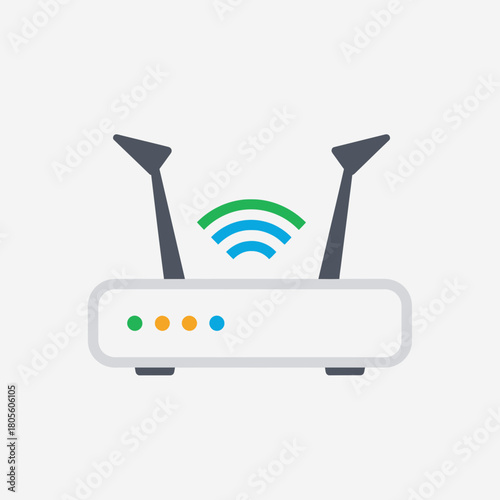 White router with antennas emitting wifi signal waves.