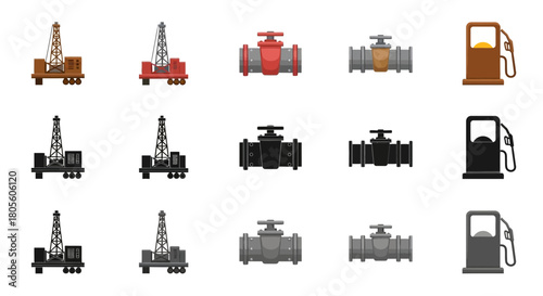 A set of vector illustrations depicting oil drilling rigs, industrial valves, and gas station pumps in color and grayscale.