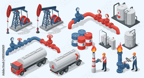 Isometric illustration depicting oil industry elements: pump jacks, pipelines, storage tanks, barrels, tanker trucks, and workers operating valves with flames.