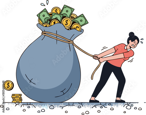Woman Struggling to Pull a Heavy Bag of Money with Coins and Bills