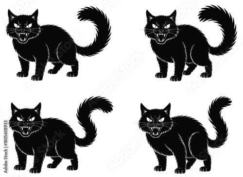 Menacing Felines in a Quartet: An ensemble of black cat displays an aggressive posture, set against a pristine backdrop, creating a captivating visual of feline intensity.