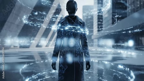 Person standing in futuristic cityscape surrounded by glowing data streams  