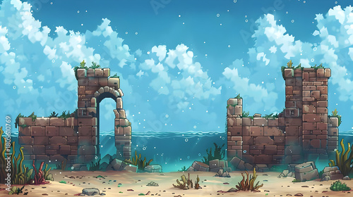 Coastal Ruins at Ocean's Edge: A Pixel Art Landscape