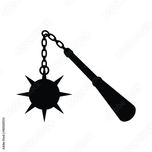 Silhouette of a medieval spiked flail weapon on a white background