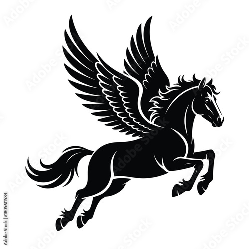 Majestic black pegasus horse with wings in flight silhouette