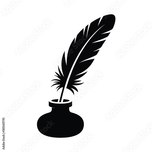 Black silhouette of a quill pen in an inkwell
