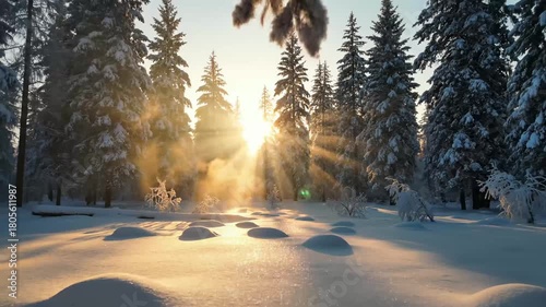 Winter forest scene with golden light illuminating snow-covered trees  