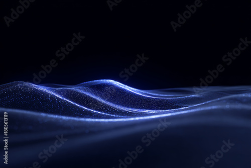 digital ocean waves, motion blurred glowing lines and wave pattern from flowing data streams on a dark blue background