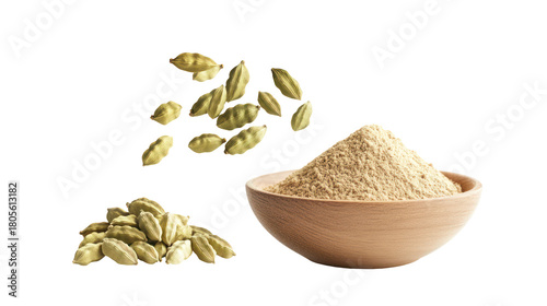 Cardamom pods and powder in a bowl isolated on transparent background