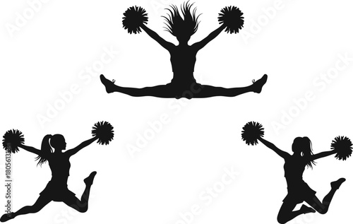 Cheerleader silhouettes jumping with pom-poms, energetic female figures in dynamic poses, black vector icons for dance, sport, performance themes