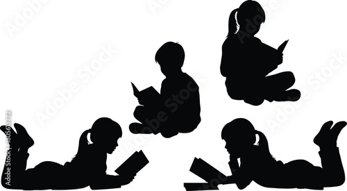 Children reading silhouettes set, four kids reading books, lying and sitting poses, literacy theme, education vector, black white minimalist illustration