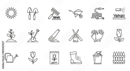 Gardening Tools and Equipment Icons Collection, Digital Illustration, White Background, Flat Design, Isometric View, Nature Concept