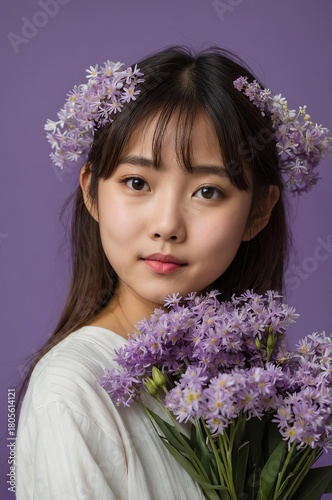 Portrait of Japanese girl plain purple background, cute girl holding a bouquet of flowers