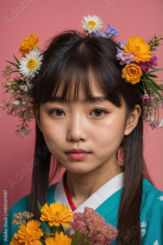 Portrait of Japanese girl plain colorful background, cute girl holding a bouquet of flowers