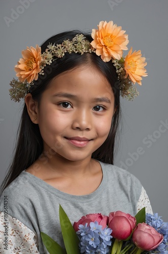 Portrait of Filipino girl plain gray background, cute girl holding a bouquet of flowers