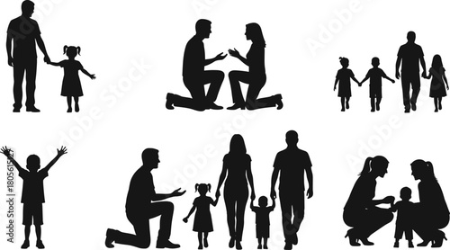 Family silhouettes set, parenting vector icons, parents and children, family bonding scenes, parental guidance poses, child interaction silhouettes, minimalist black white illustrations