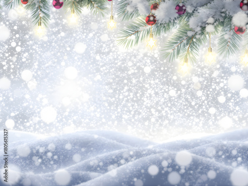 Christmas pine branch snowy background with elegant winter glow