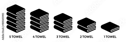 Hotel bath towel icon set. Folded towels. Stacked textile fabric, fluffy roll for spa and kitchen, vector illustration of folded and hanging items for bathroom isolated on white background.