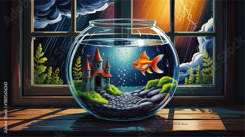 Fantasy goldfish bowl with castle and stormy night window, whimsical cartoon aquarium illustration, colorful children’s artwork