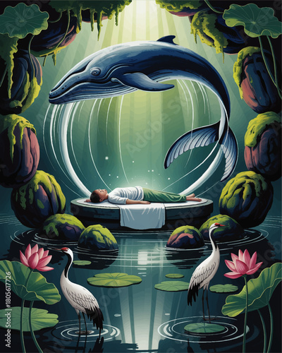 Surreal dreamscape with floating whale, meditating person, lotus pond and cranes in mystical forest fantasy illustration