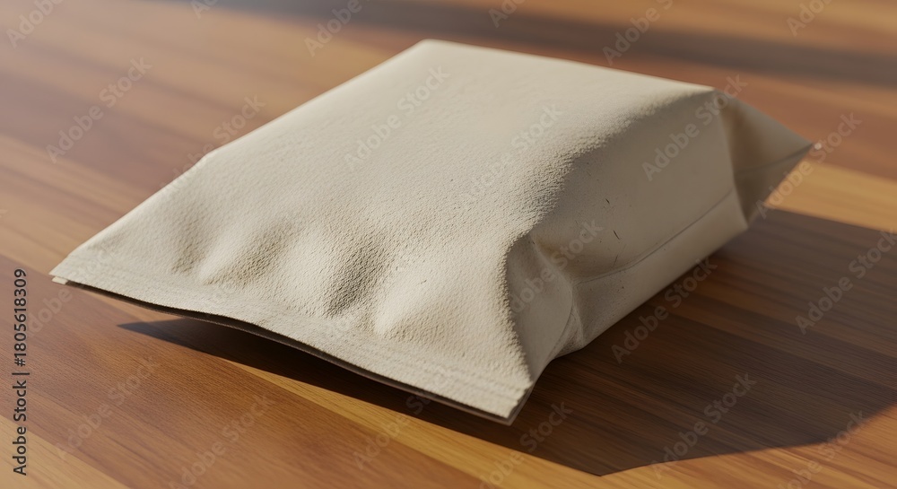 Naklejka premium Blank beige textured flexible packaging pouch mockup on a natural wooden surface, ideal for displaying food, snack, or small product branding designs and concepts