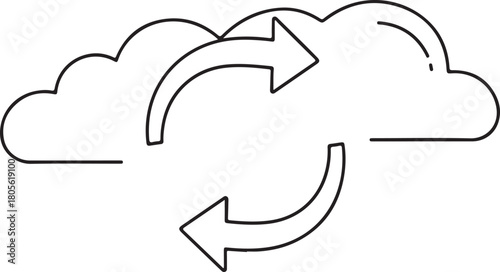 Cloud data synchronization outline icon showing two clouds with circular refresh arrows for digital exchange