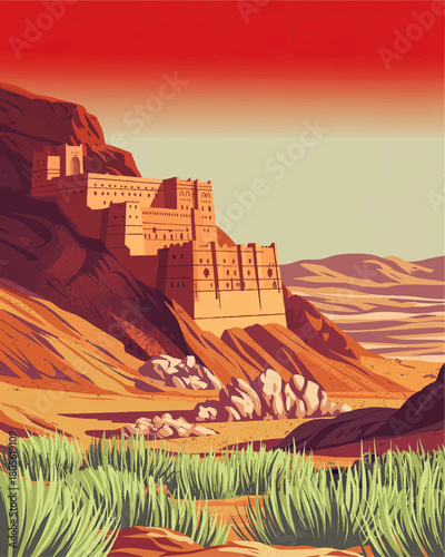 Ancient desert fortress on rocky cliffs at sunset, illustrated fantasy castle landscape with dramatic red sky and sandy dunes