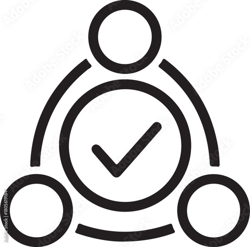 Group collaboration successfully completed outline icon depicting shared tasks and team achievement verified checkmark